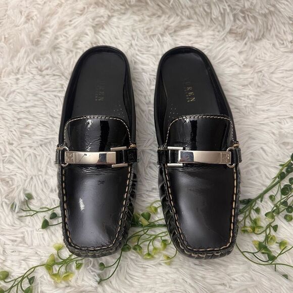 Lauren Ralph Lauren Carlene‎ Square Toe Black Patent Leather Mules sz 7.5B - Picture 2 of 9